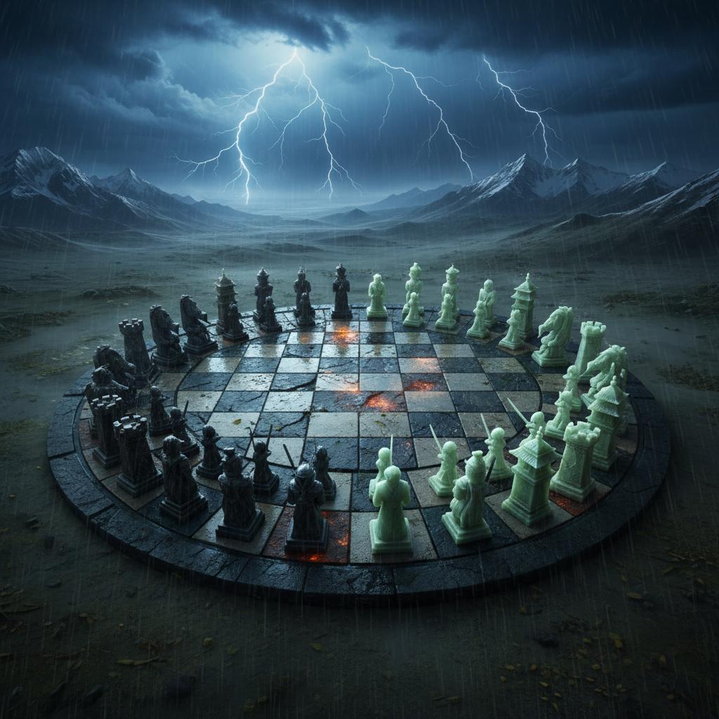 A circular chessboard with fantasy warriors set in a stormy mountain landscape with lightning.