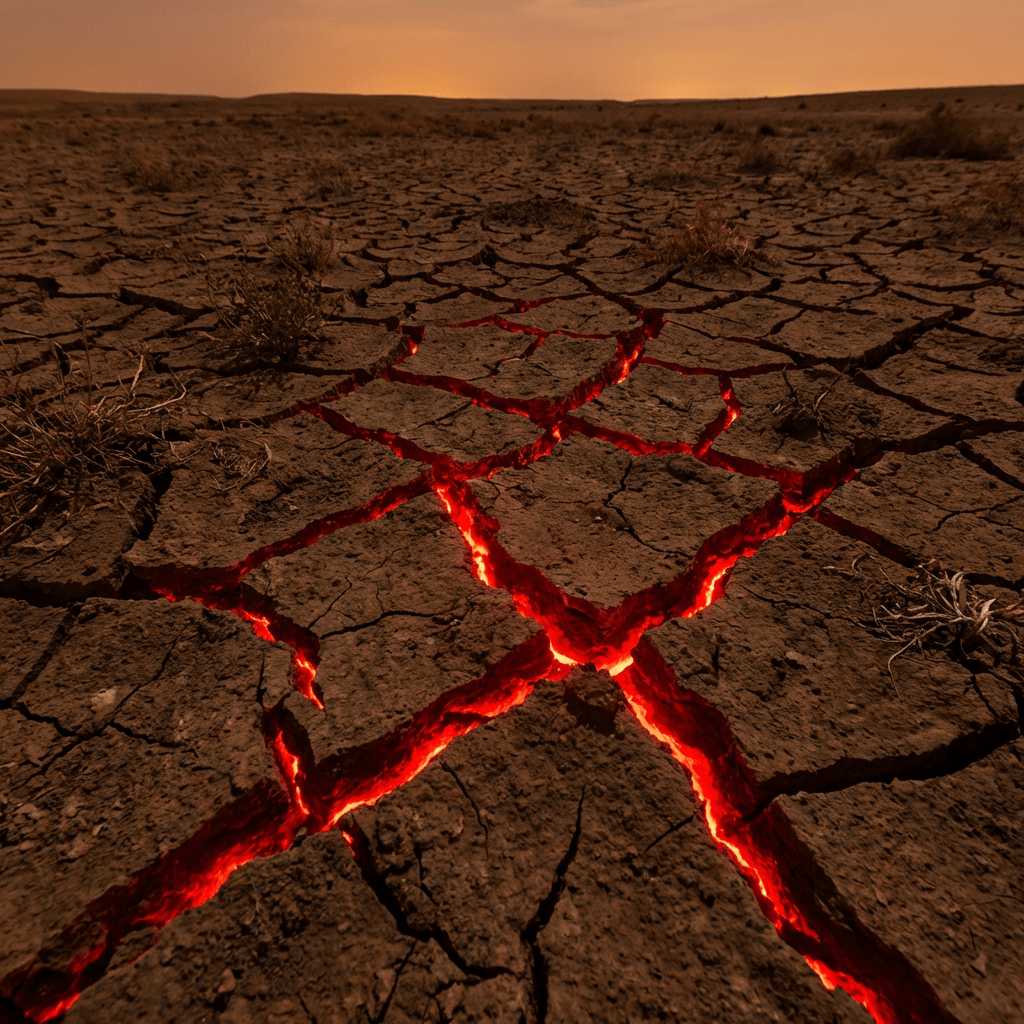 Cracked desert ground with bright red glowing lava visible in fissures