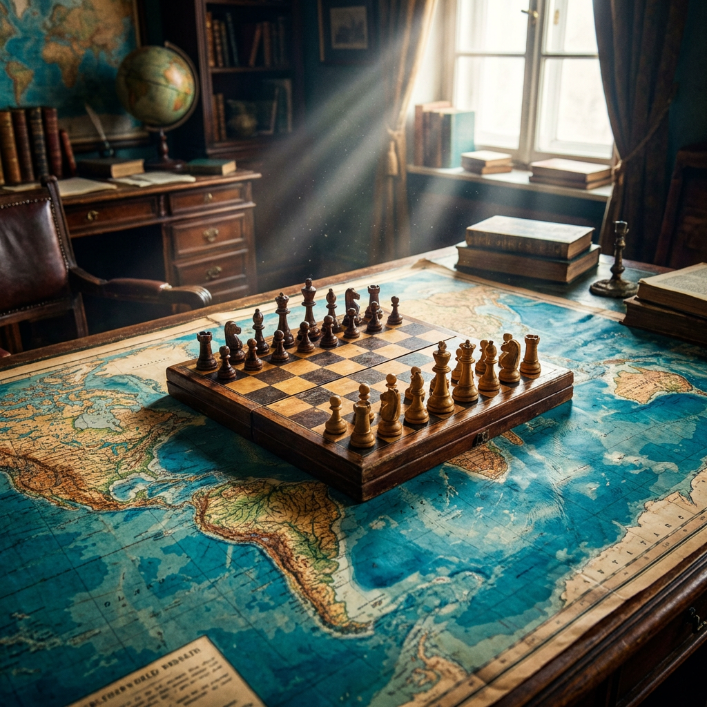 Chessboard with pieces arranged on top of an antique world map on a wooden desk