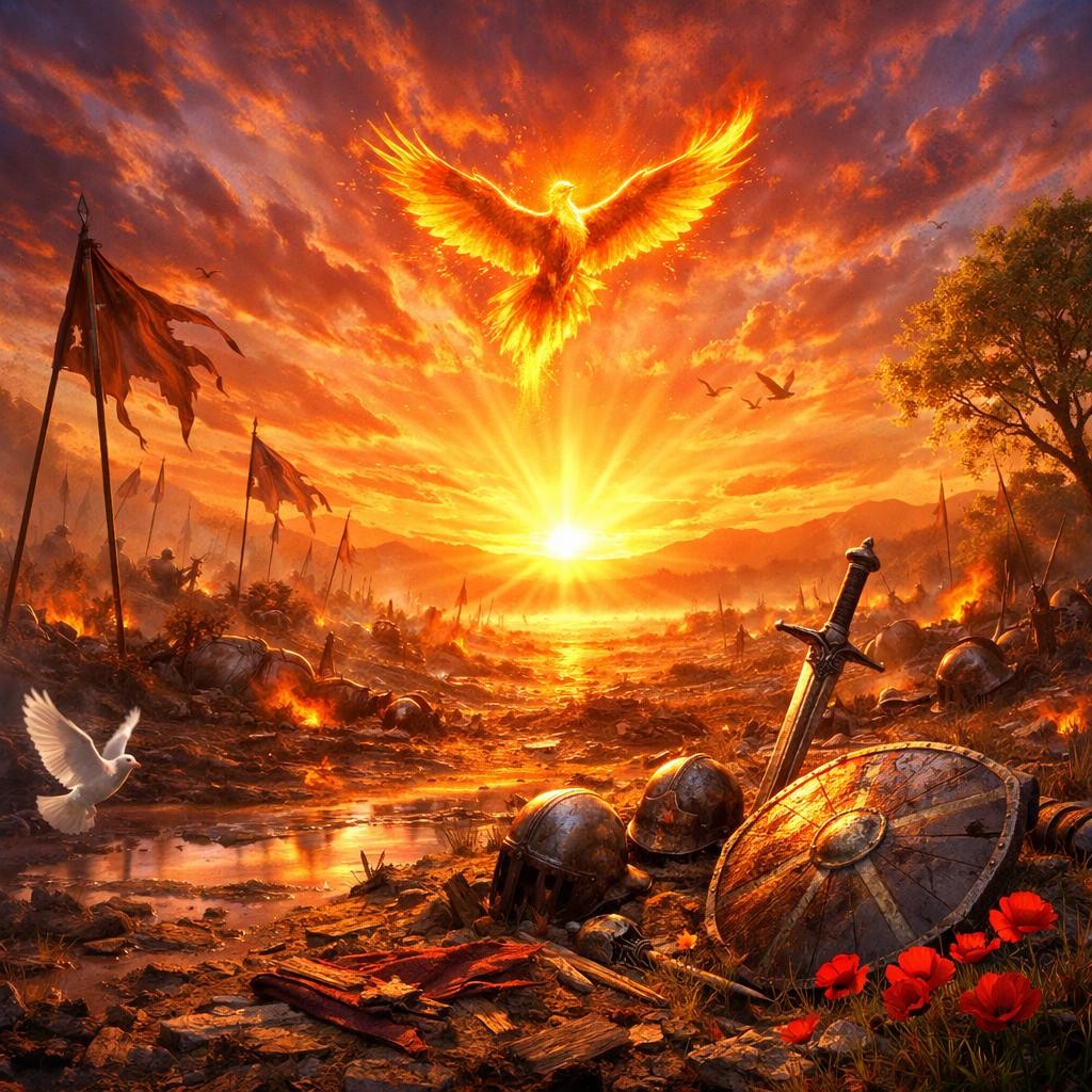 A fiery phoenix flying above a battlefield with medieval helmets, shield, sword, and burning flags