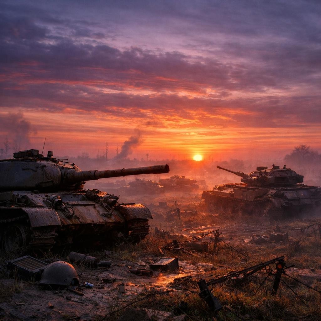 Abandoned military tanks on muddy battlefield with barbed wire under dramatic sunset sky
