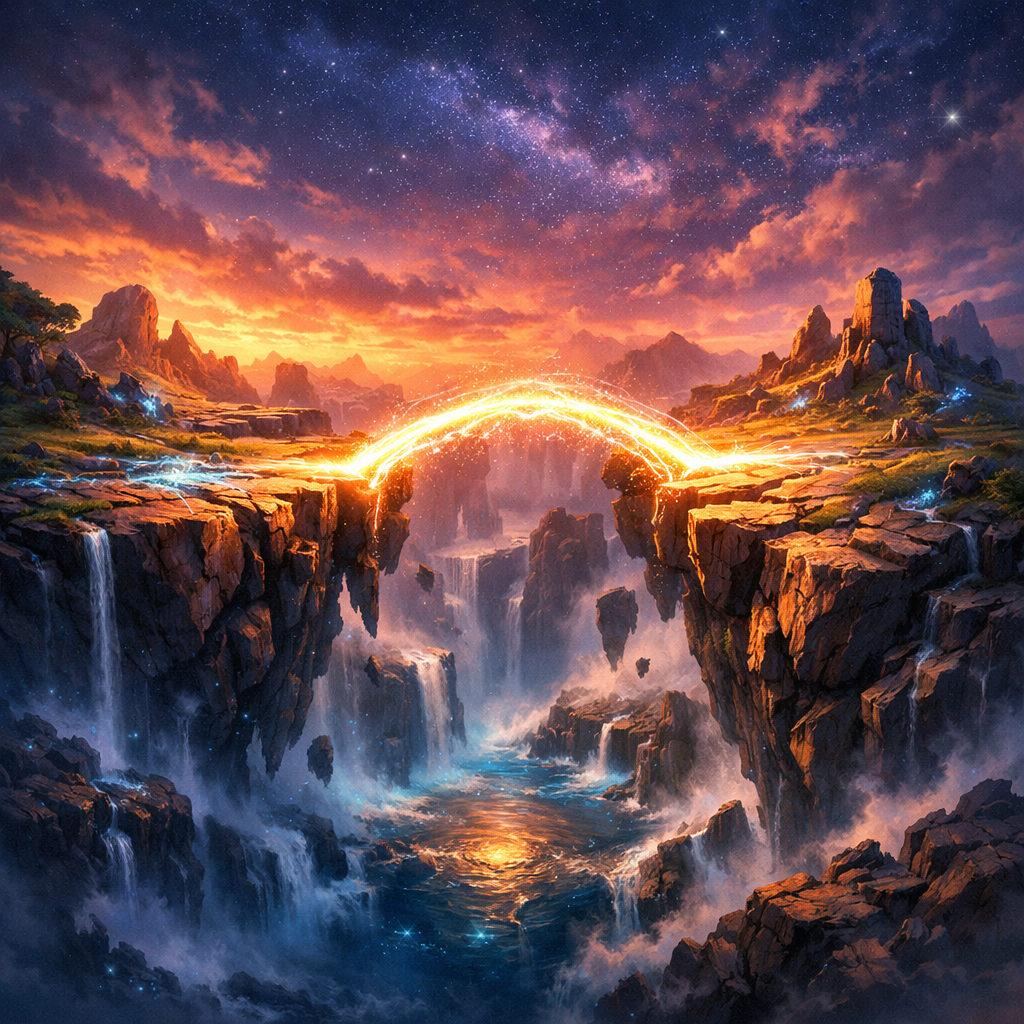 Glowing arch bridge connecting two rocky cliffs over a canyon at sunset