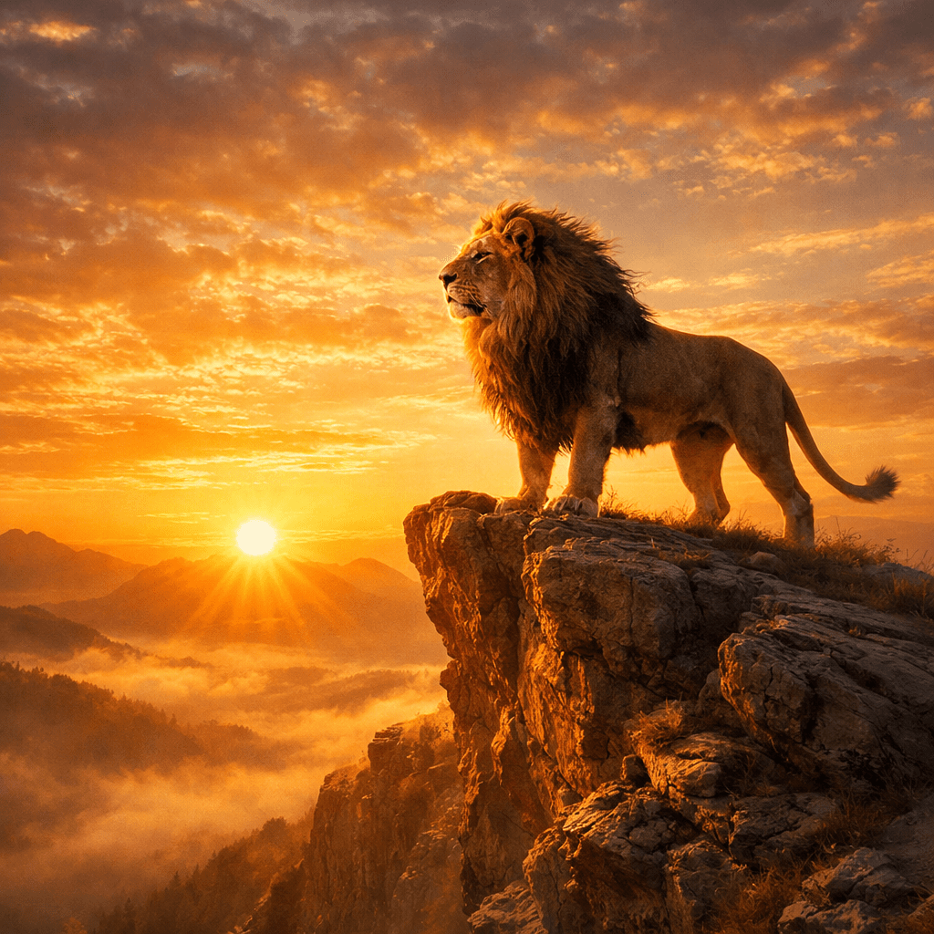 Lion standing on rocky cliff at sunrise with misty mountains in background