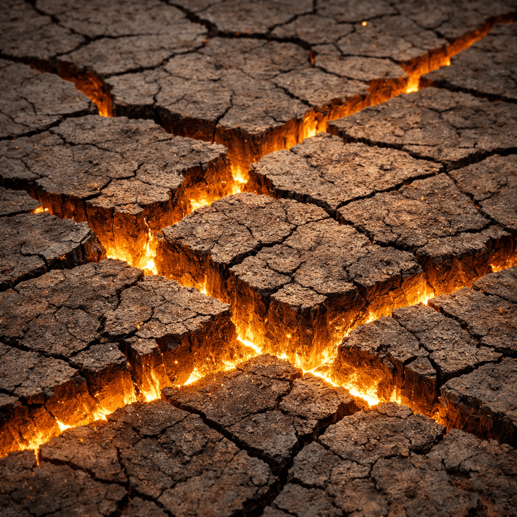 Cracked dry earth with glowing orange and yellow fiery fissures in the gaps