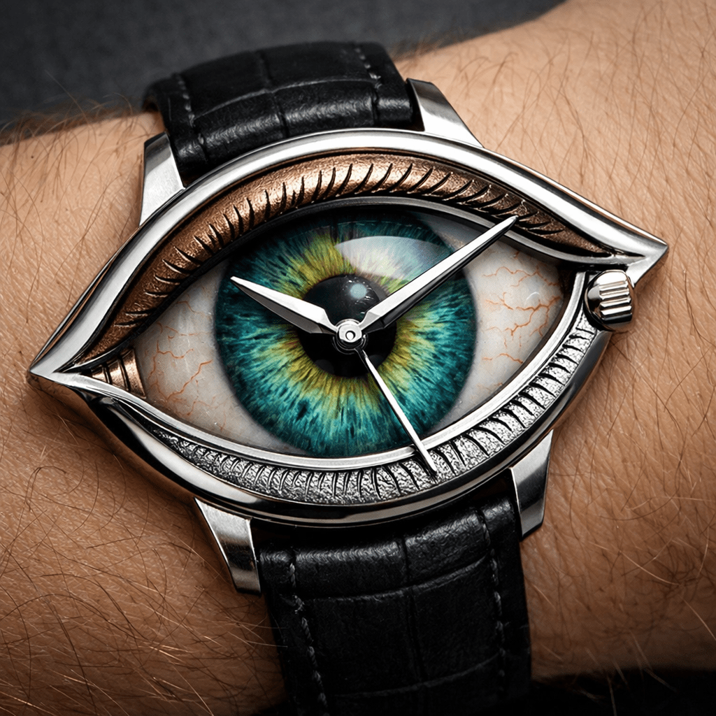 Wristwatch with an eye-shaped dial and realistic iris design