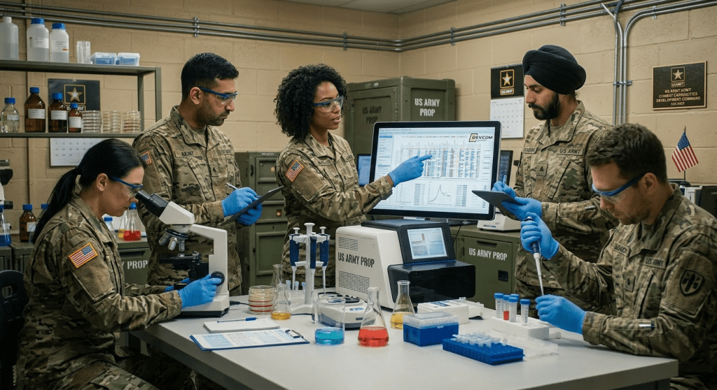 Group of scientists in lab coats and gloves working with lab equipment and data
