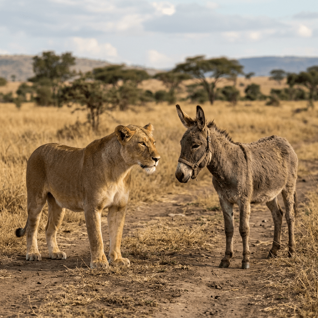 Lioness and donkey standing face-to-face on savannah path