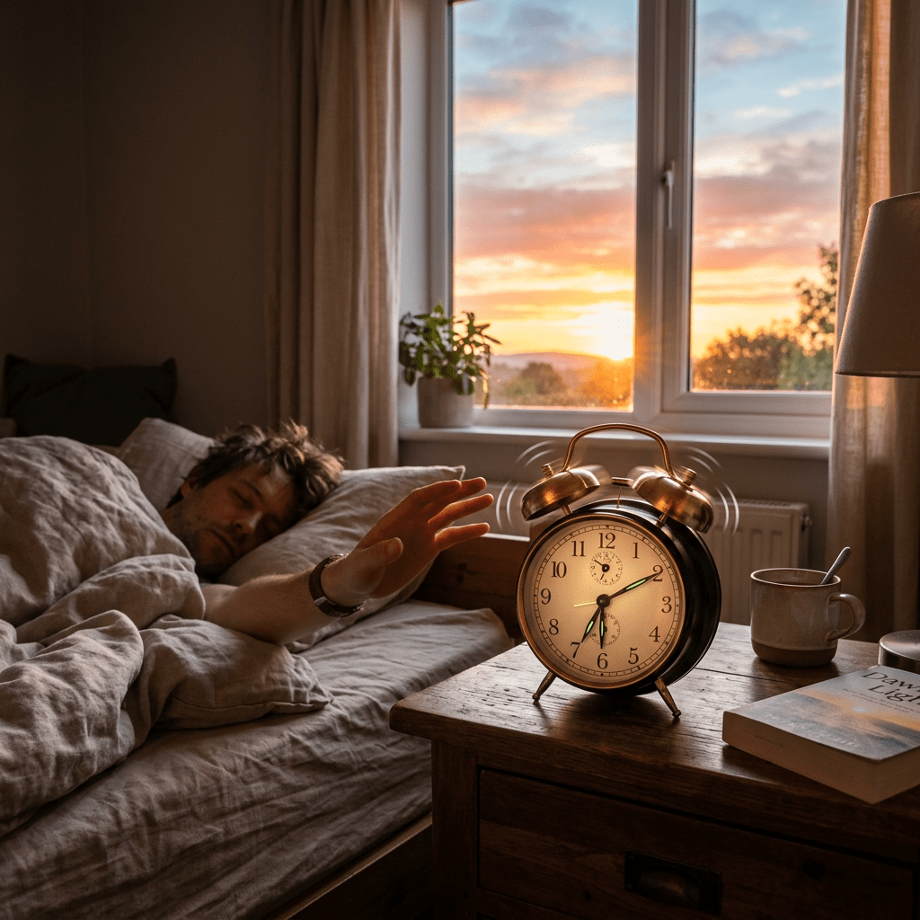Person in bed reaching to turn off ringing alarm clock at sunrise