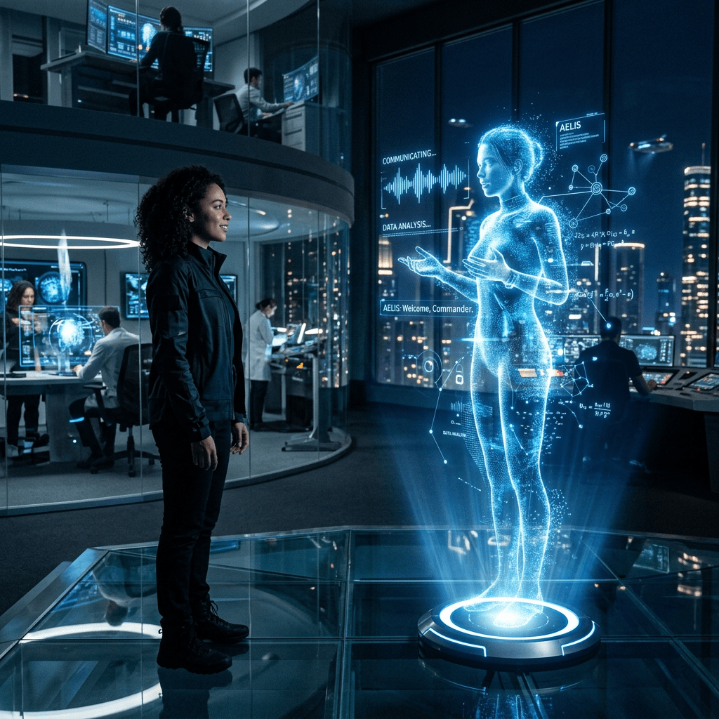 Woman interacting with a holographic AI assistant in futuristic control center