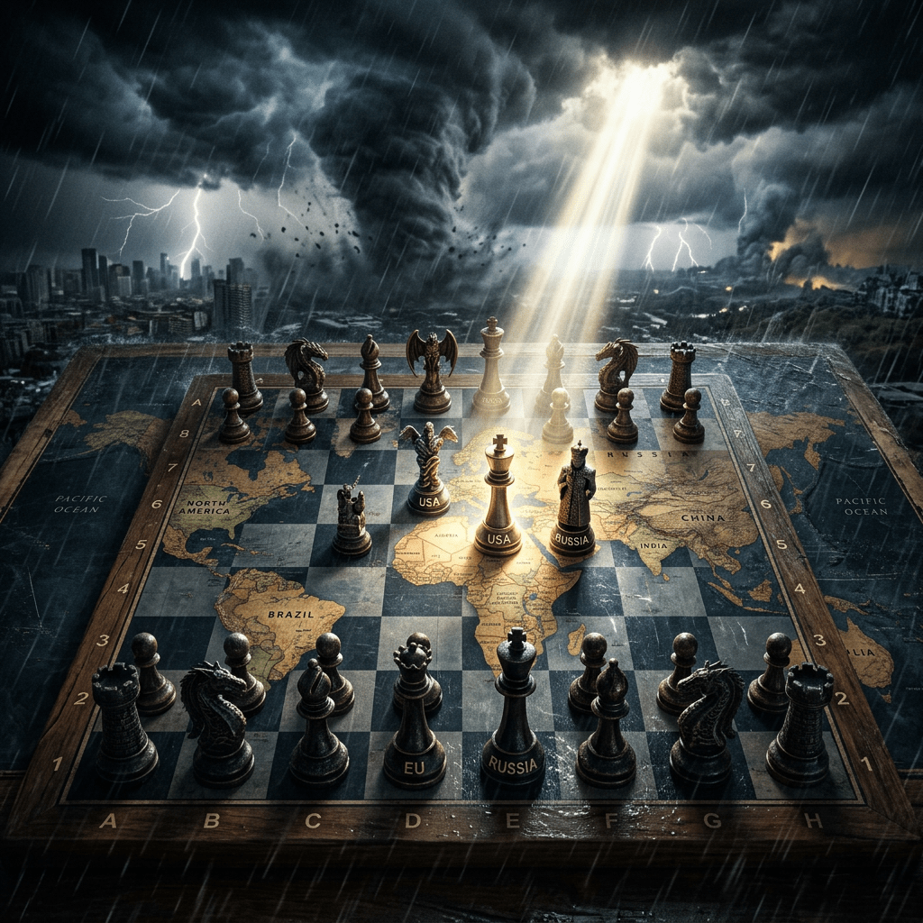 Chessboard with pieces labeled USA, Russia, and EU set on a world map under a stormy sky with lightning and a beam of light