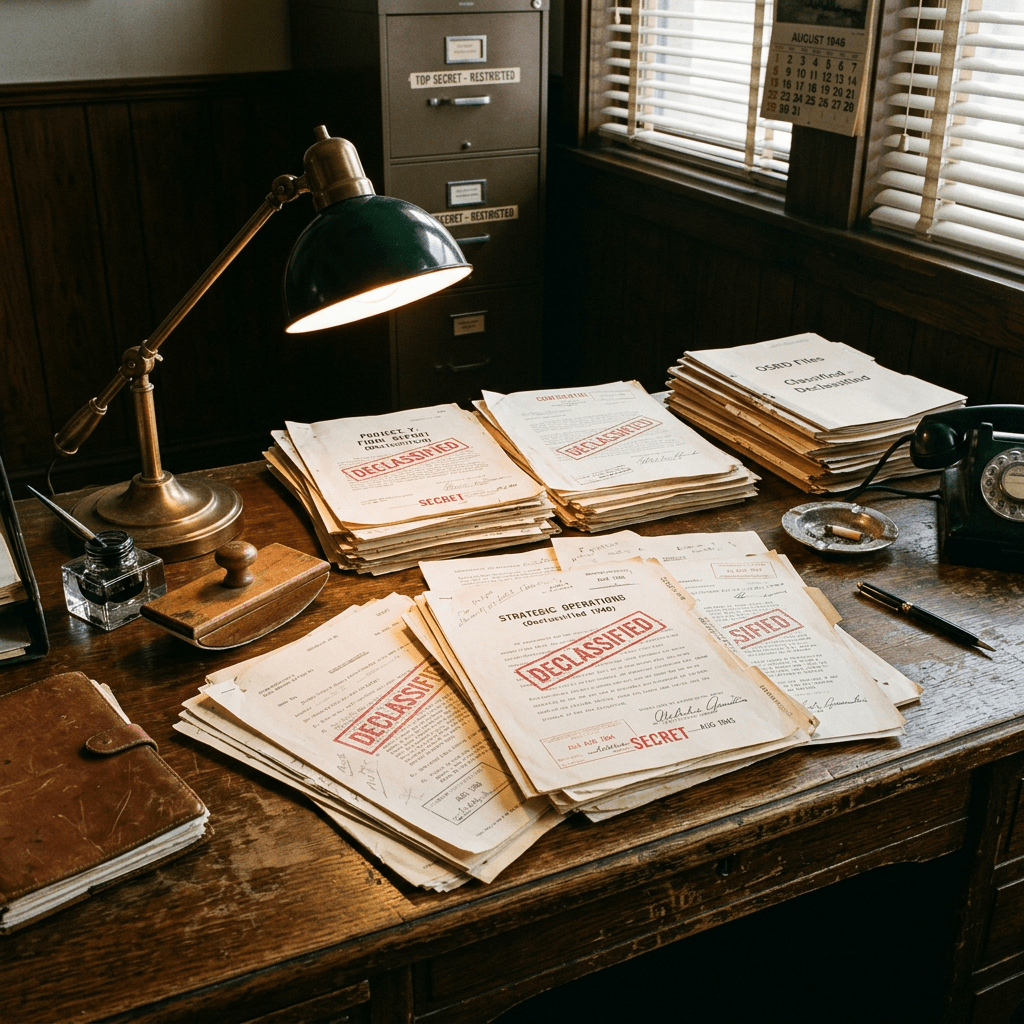 Stack of declassified secret government documents on an old wooden desk