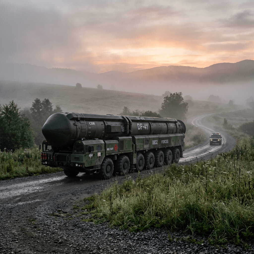 Large military vehicle carrying a missile on a foggy rural road with another vehicle behind