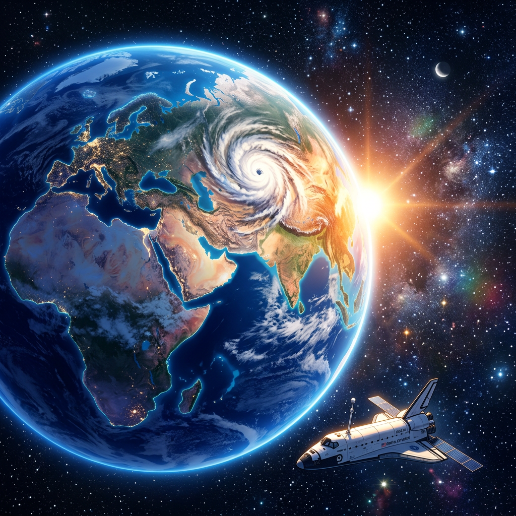 Space shuttle near Earth showing a large swirling storm over Asia and sun rising behind planet
