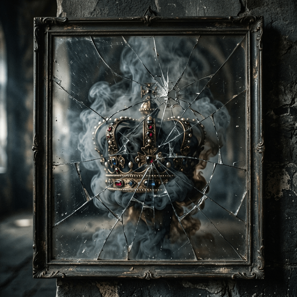Shattered mirror reflecting an ornate crown with red and blue jewels and surrounding mist