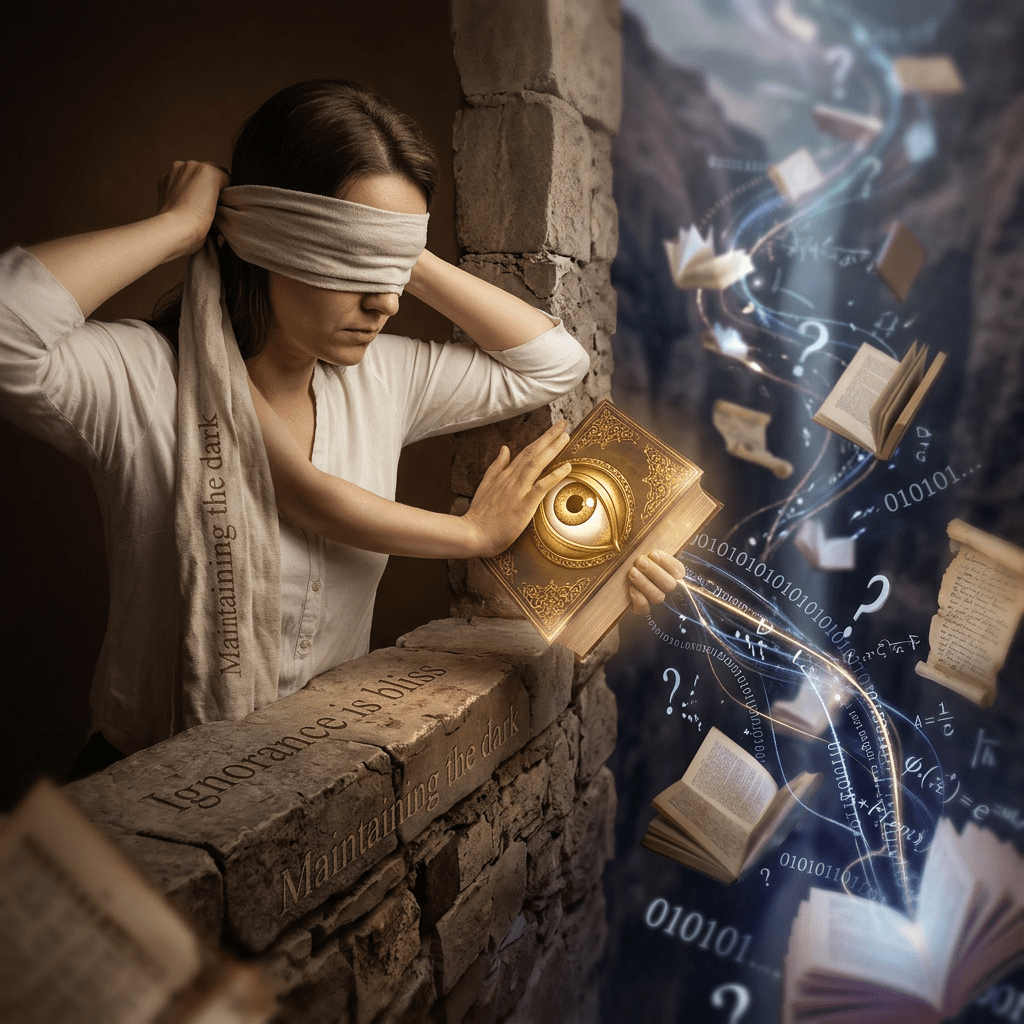 Blindfolded woman holding glowing book with flying books and symbols