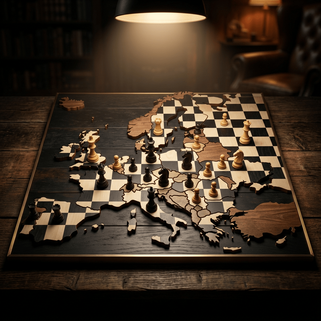Chessboard in the shape of Europe with black and white chess pieces positioned on countries