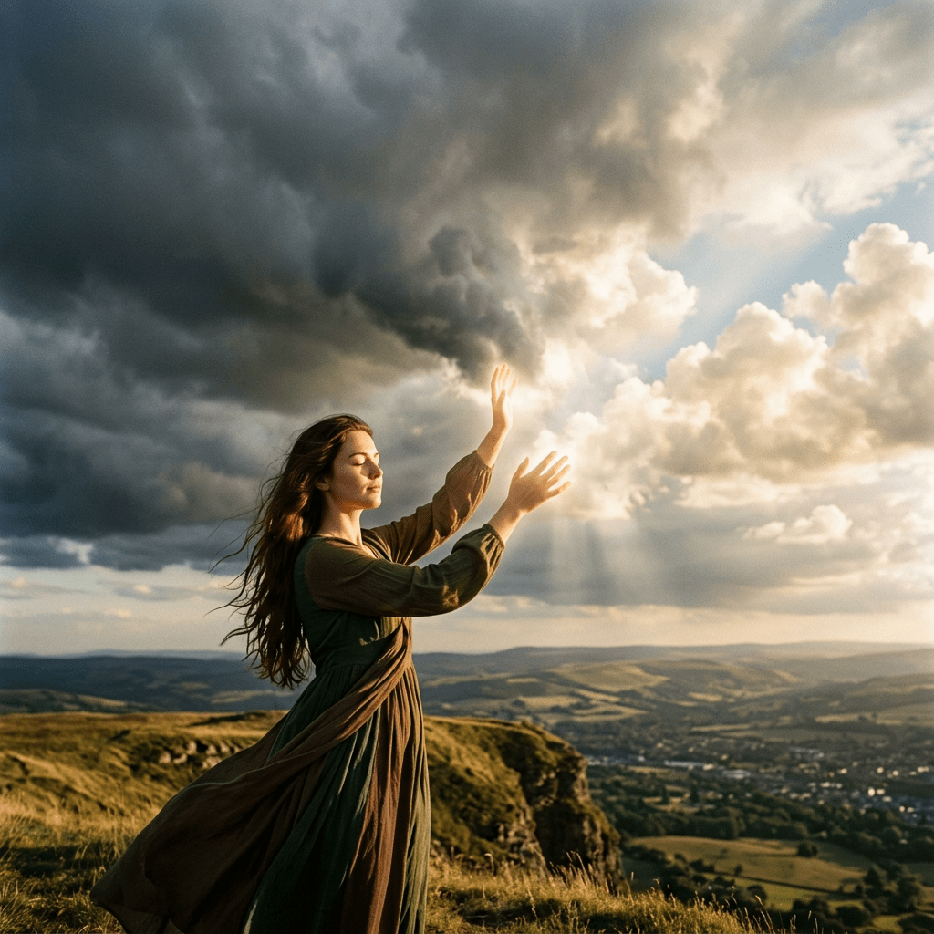 Woman in green dress standing on a hill with sunlight streaming through clouds
